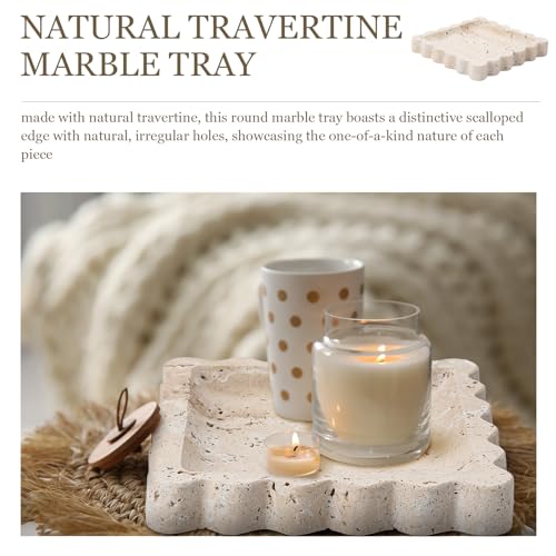 5.5 Inch Small Travertine Stone Tray Marble Jewelry Dish Trinket Tray for Women, Perfume, Coffee Table(Square,Scallop) - style: Square，Scallop