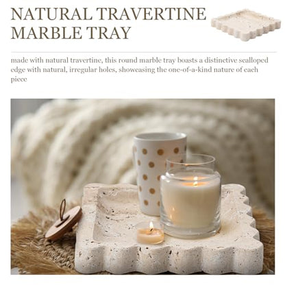 5.5 Inch Small Travertine Stone Tray Marble Jewelry Dish Trinket Tray for Women, Perfume, Coffee Table(Square,Scallop) - style: Square，Scallop