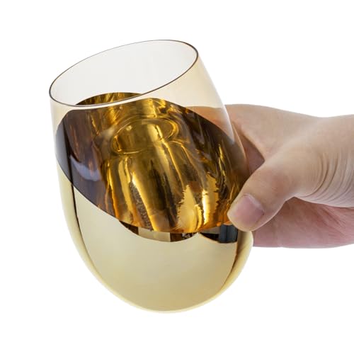 MyGift 18 oz Amber Brown Stemless Wine Glasses, Brass Accent, Set of 4 | Angled brass accents and amber glass create a retro-inspired look for cocktails, wine, dinners, and special occasions - color: Amber / Gold-4