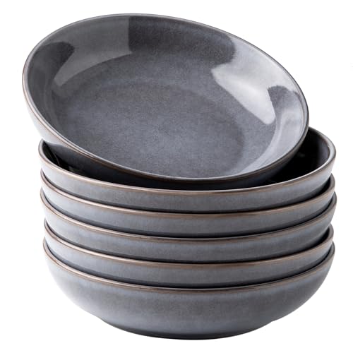 AmorArc 8.5’’ Ceramic Pasta Bowls Set of 6, 36oz Large Stoneware Bowls Set | Large Dinner Serving Bowls Set, Wide Bowl Plate for Pasta,Salad, Soup, Microwave Safe, Reactive Glaze - color: Reactive Gray, size: Set of 6