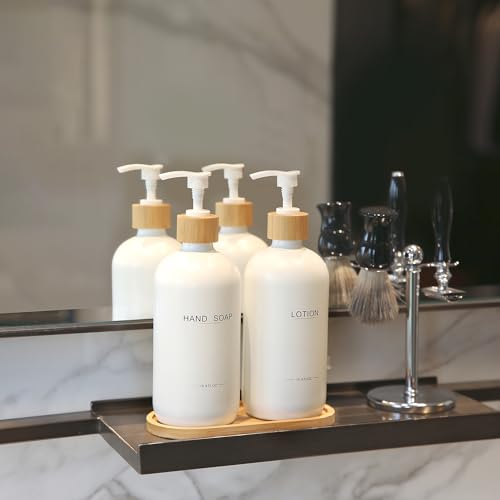 Bathroom Soap Dispenser Set, White | Bamboo Pumps & Tray, Lotion Dispenser, Hand Soap Dispenser, Bathroom Counter Decor - color: Hl White