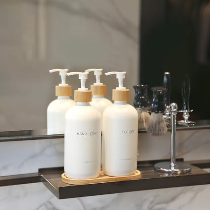 Bathroom Soap Dispenser Set, White | Bamboo Pumps & Tray, Lotion Dispenser, Hand Soap Dispenser, Bathroom Counter Decor - color: Hl White
