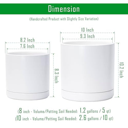 D'vine Dev 2-Pack Ceramic Pots with Saucers, 8/10 in, White, 94-G-L-1 | Glazed Ceramic, Drainage Hole, Perfect-Fit Saucer, Sleek Cylinder Shape, High Temperature Fired, Elegant Home Accent - color: White, size: Large