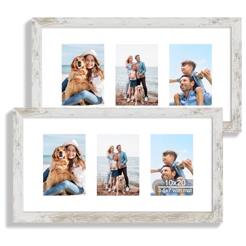 Hongkee 10x20 Picture Frame Set of 2, Distressed White Wood Frame with Real Glass Collage Frame, Display Pictures Three 5x7 With Mat or 10 x 20 Without Mat - Horizontal or Vertical Wall Mounting - color: Distressed White, size: 10x20 in matted to 3-5x7