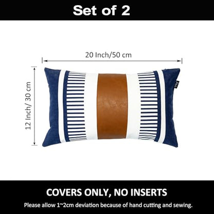 Set of 2 Navy Blue and White Stripe Throw Lumbar Pillow Covers 12x20 inch,Faux Leather Modern Accent Boho Cushion Cover for Couch Living Room Bedroom - color: Navy Blue, size: 20" x 12" (Pack of 2)