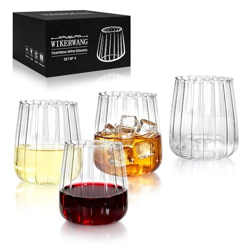 Hand Blown Stemless Wine Glasses Set of 4, 17 oz Borosilicate Glasses with Vertical Ribbed Interior, Lead-Free, Dishwasher Safe, for Red or White Wine and Cocktails
