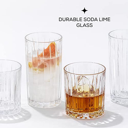 JoyJolt Drinking Glasses Set of 8, Alina Ribbed Glassware. 12oz Rocks Glass and 14oz Highball Glass set. Cocktail Glasses, Iced Coffee Cup or Water cups. Heavy Base Glassware Set - style: Fluted Glasses