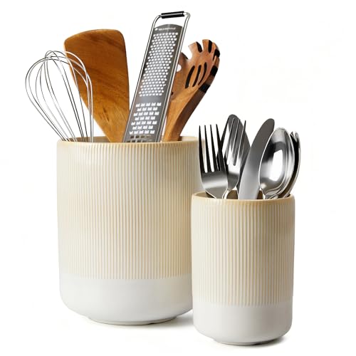 Utensil Holder, 7.3"+5.3" Ceramic Kitchen Utensil Holder for Countertop, Cooking Utensil Holder for Kitchen Counter, Kitchen Utensil Organizer Utensil Crocks, Modern Farmhouse Decor, Beige - color: Beige