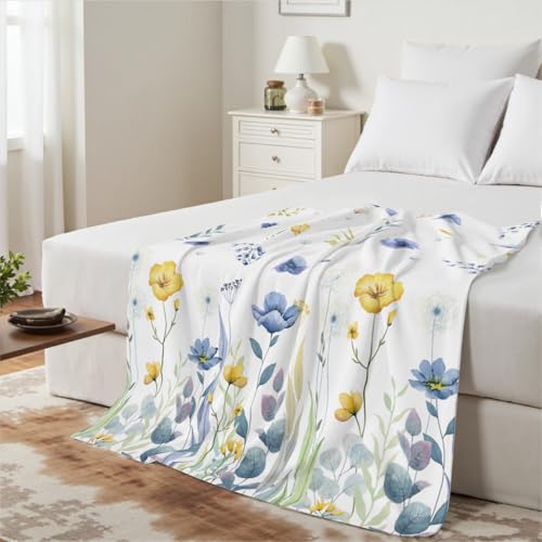 Blue Yellow Floral Blanket Throw Watercolor Poppy Flowers Botanical Blanket for Couch Sofa Camping, Soft Cozy Flannel Blanket 50 x 60 Inch, Farmhouse Bedding Decor Blankets for Bed Living Room - color: Blue Yellow Floral, size: 60 x 50 inches