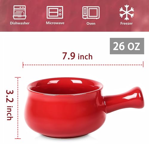 vicrays French Onion Soup Bowls With Handles, 26 Ounce for Soup, Chili, Beef Stew, Chip Resistant, Dishwasher Microwave Safe, Set of 4 (Red) - color: Red
