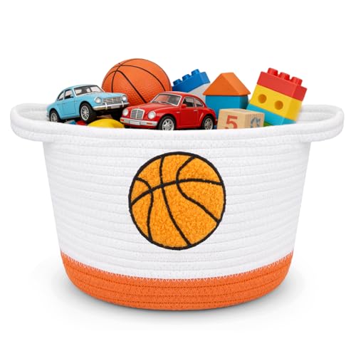 Basketball Storage Basket, Woven Basket with Handle Small Laundry Basket Organizer for Baby Shower, Blanket, Shelf, Cat Dog Toy Organizer, Gifts Empty, 9"x7" Baskets for Organizing - color: Basketball