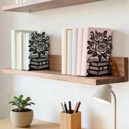 5.3"x4.3"x7.9" Metal Bookends, Heavy Duty Book Ends for Shelves | Rose with Book Theme Cast Iron Book Supports, 1 Pair Decor Stoppers for Desk, Library, Office & Home Shelves - style: Rose with Book