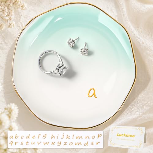 LUCKINEE Ceramic Jewelry Tray Round Ring Dish Trinket Dish Gifts for Women | Personalized Birthday Gifts for Mom Dad,Sisters and Friends,with 1pc Gold Puffy Letter Sticker A-Z, With 1pc Greeting Card - color: DIY Style 3 - A-Z