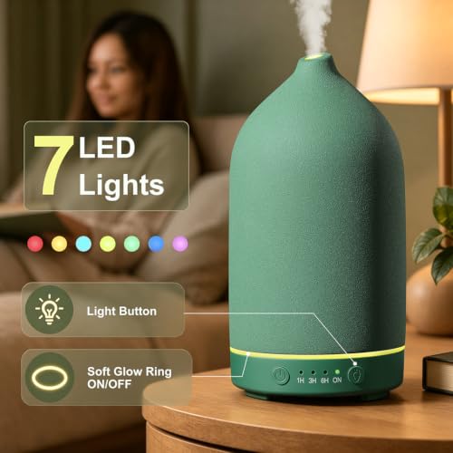 200ML Ceramic Essential Oil Diffuser for Home, Stone Diffuser | Ultrasonic Aromatherapy Diffuser & Air Humidifier for Bedroom, Office, Yoga, 7 LED Lights, Auto Shut-Off, 3 Timers, Green - color: Green