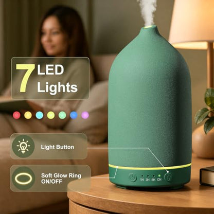200ML Ceramic Essential Oil Diffuser for Home, Stone Diffuser | Ultrasonic Aromatherapy Diffuser & Air Humidifier for Bedroom, Office, Yoga, 7 LED Lights, Auto Shut-Off, 3 Timers, Green - color: Green