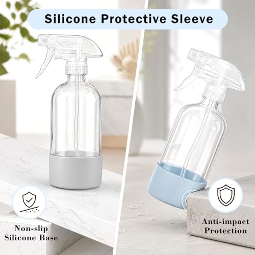 360° Glass Spray Bottles 16 oz for Hair Cleaning with Silicone Sleeve | 2 Pack Amber Refillable Containers with Adjustable Spray Nozzles, Empty Spray Bottles for Plant, Clear