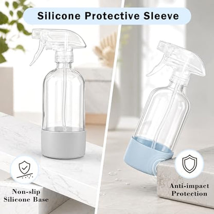 360° Glass Spray Bottles 16 oz for Hair Cleaning with Silicone Sleeve | 2 Pack Amber Refillable Containers with Adjustable Spray Nozzles, Empty Spray Bottles for Plant, Clear