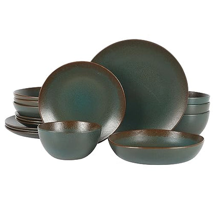 Two Time Oprah's Favorite Things Winner - Palermo Sun Double Bowl Stoneware Reactive Glaze Plates and Bowls Dinnerware Set - Agave Blue, Service for Four (16pcs) - color: Agave Blue
