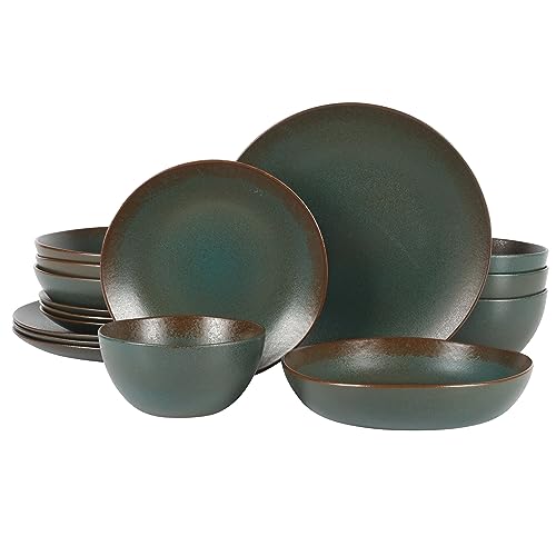 Two Time Oprah's Favorite Things Winner - Palermo Sun Double Bowl Stoneware Reactive Glaze Plates and Bowls Dinnerware Set - Agave Blue, Service for Four (16pcs) - color: Agave Blue