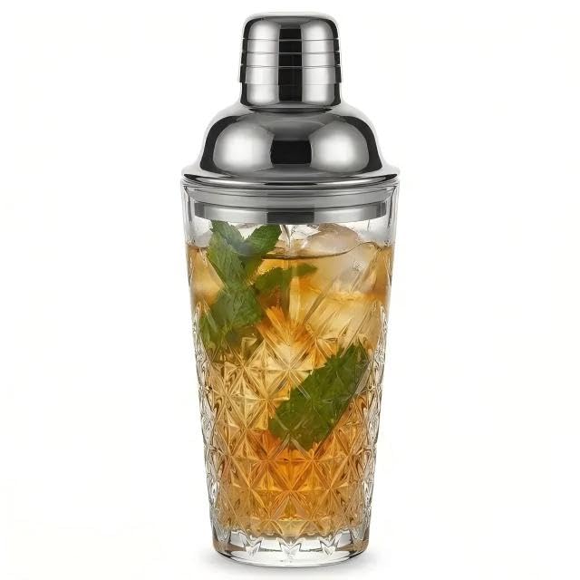 Elegant Glass Cocktail Shaker Set - Herringbone Design, 15oz Capacity, Leakproof Stainless Steel Top - Perfect for Bartending Enthusiasts - color: Herringbone Mixer