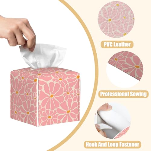 Pink Retro Groovy Flower Tissue Box Cover Square, Tissue Box Holder with Bottom Belt Leather Facial Paper Organizer Dispenser for Bathroom Bedroom Dresser Night Stand Tabletop - color: Pink Retro Groovy Flower
