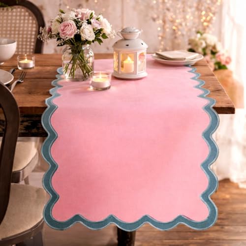 Folkulture Table Runner 108 inches Long | Scalloped Pink Table Runner for Dining Room, Party Decorations | 100% Cotton, Machine Washable, Farmhouse Table Runner for Hannah Montana Party Decorations - size: 14" x 108", style: Laguna Blush