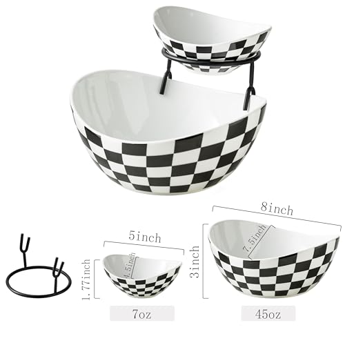 Miamolo Tiered Serving Bowls, Chip and Dip Serving Set, Hosting Essentials | Serving Platters and Tray for Appetizer, with Removable Stand, Party Entertaining, Black White Checkered, Microwave Oven Safe - color: Black and White Pattern, size: 2-Tier Set (