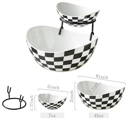 Miamolo Tiered Serving Bowls, Chip and Dip Serving Set, Hosting Essentials | Serving Platters and Tray for Appetizer, with Removable Stand, Party Entertaining, Black White Checkered, Microwave Oven Safe - color: Black and White Pattern, size: 2-Tier Set (