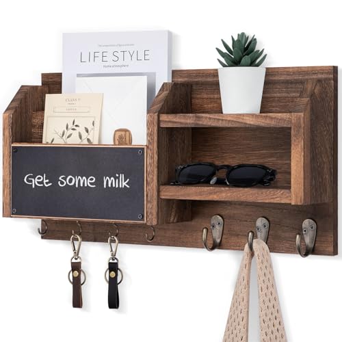 Lwenki Mail and Key Holder – Wall Mount Key Hanger with Shelf and 7 Metal Hooks – Decorative Natural Paulownia Wood Entryway Organizer with Mounting Hardware (16.5”W x 8.7”H x 3.5”D) (Brown) - color: Brown