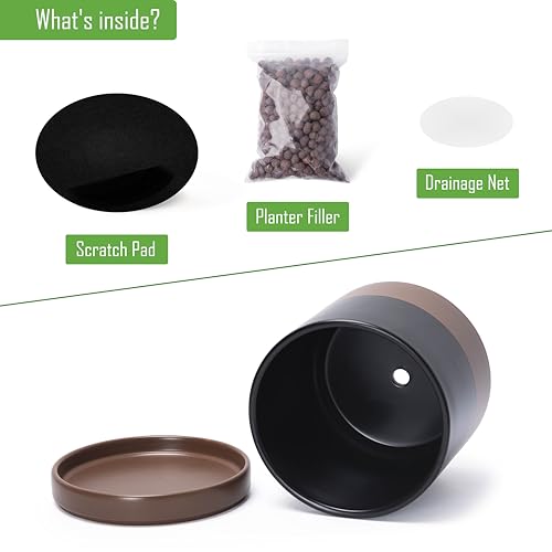D'vine Dev 2-Pack Ceramic Pots with Saucers, 6/8 in, Black/Tan, 94-G-M-7 | Glazed Ceramic, Drainage Hole, Perfect-Fit Saucer, Sleek Cylinder Shape, High Temperature Fired, Elegant Home Accent - color: Black/Speckled Tan, size: Medium