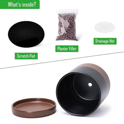 D'vine Dev 2-Pack Ceramic Pots with Saucers, 6/8 in, Black/Tan, 94-G-M-7 | Glazed Ceramic, Drainage Hole, Perfect-Fit Saucer, Sleek Cylinder Shape, High Temperature Fired, Elegant Home Accent - color: Black/Speckled Tan, size: Medium