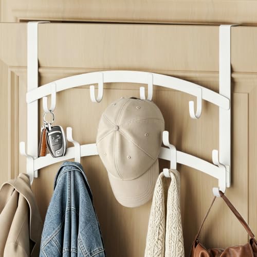 Consumest Over the Door Hooks Organizer - 2 Tier Door Hanger with 14 Hook Heavy Duty Stainless Steel for Towels, Coats, Jackets & Bags, Towel Rack for Bathroom Bedroom, Fits Up to 1.77" Doors, White - color: White