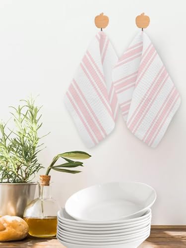 Pink Striped Dish Towels Set, Waffle Weave Kitchen Towels 2 Pieces, Farmhouse Aesthetic Modern Stripes Microfiber Hair Face Bath Tea Towel Absorbent Quick Drying Cleaning Dish Cloths, 12"x12" - color: Pink, White, Blush, size: 2PCS,12"x12"