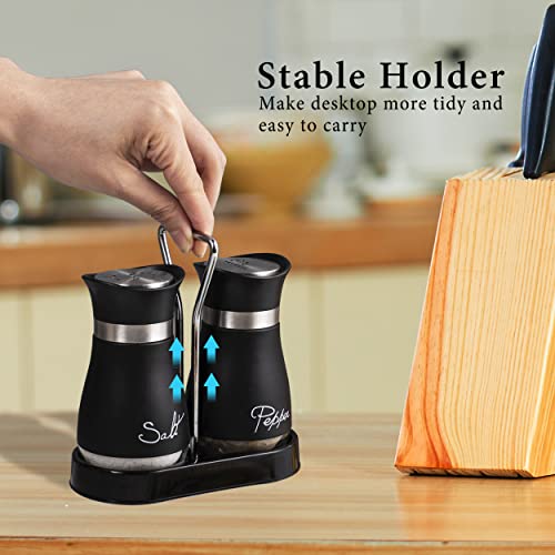 Lonffery Salt and Pepper Shakers Set | Stainless Steel with Glass Bottle for Table, RV, Camp, BBQ, Set of 2, Black - color: Matte Black