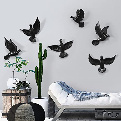 Dove Wall Art Decor Set - 6 Pieces 3D Resin Peace Pigeon Wall Sculptures for Indoor/Outdoor, Creativity Wall Hanging Birds Collection - color: Black