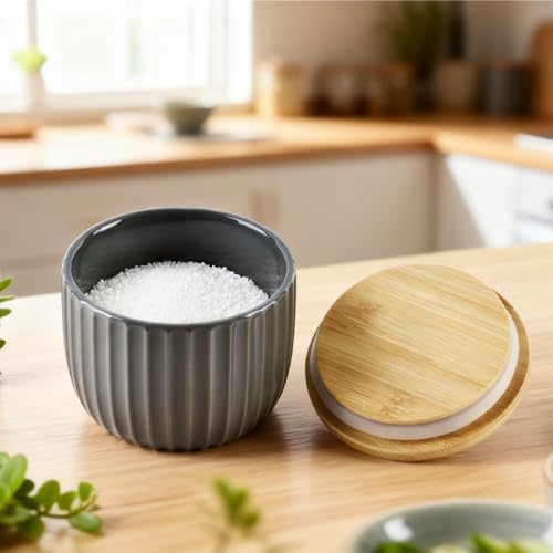 Salt Cellar Keeper with Bamboo Lid, 14oz Big Capacity Ceramic Sugar Bowls Pepper Box, Crackle Glaze Seasoning Container Condiment Pot for Kitchen (Black Color) - color: Black