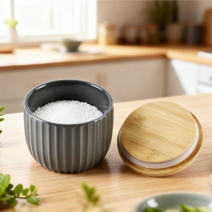 Salt Cellar Keeper with Bamboo Lid, 14oz Big Capacity Ceramic Sugar Bowls Pepper Box, Crackle Glaze Seasoning Container Condiment Pot for Kitchen (Black Color) - color: Black
