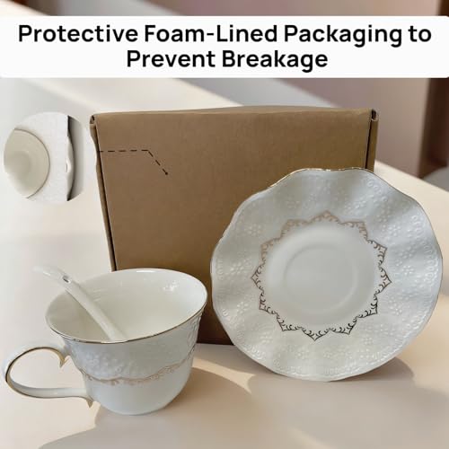 Tea Cup and Saucer Set for 1, Ceramic, White, 6.8 Oz | Coffee Cup with Saucer and Spoon, Elegant Design, 3D relief patterns, Gold Trim, Protective Packaging, Ideal for Gift - color: Elegant