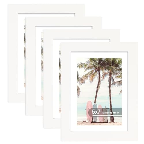Hongkee 5x7 Picture Frame (4 Pack, White) Made of Real Glass and Wooden Frame - Display Pictures 4x6 with Mat or 5x7 Without Mat, 5 by 7 Photo Frames TableTop Display and Wall Mounting - color: White, size: 5x7 in