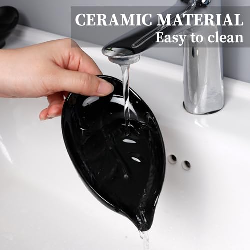 Soap Dish, Self Draining Soap Dishes 2PCS, Leaf Shape Ceramic Bar Soap Holder Drain Soap Dishes for Bathroom Sink Kitchen, Easy to Clean Keeps Soap Dry, Black, ANTIS'S HOME - color: Black-2pcs-enhanced Draining
