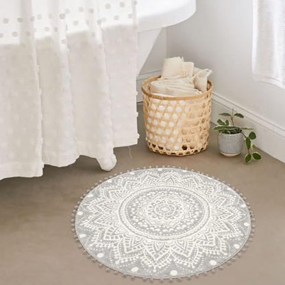 Uphome Small Round Rug 2.3’ Grey Mandala Boho Bathroom Rugs with Pom Poms Fringe Washable Circle Shower Mat Soft Non-Slip Cute Circular Throw Rug for Sink Powder Room Bedroom Kids Room Nursery - color: Gray-upgraded, size: 2.3' Round