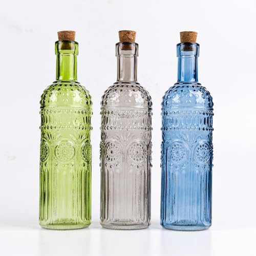 Vintage Vase Decorative Glass Vases, 9.6 inch Embossed Colored Glass Bottles,Large Wine Bottle Size,Set of 3 with Cork Lid-Flower Bud Vases, Garden Decor, Suncatchers, vase (Cold) - color: Cold