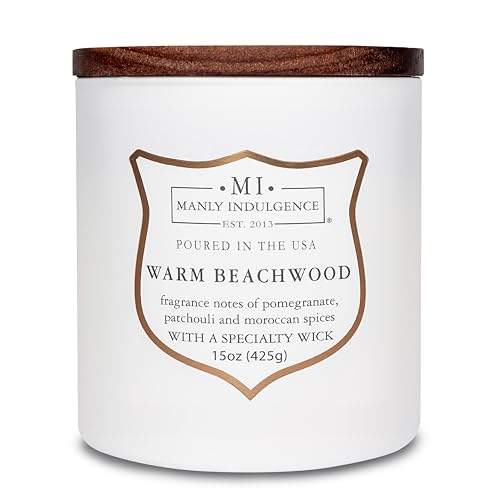 Manly Indulgence Warm Beachwood Scented Candles for Men, 15 oz Wooden Wick, Premium Soy Blend Wax, 60H Burn, Candles for Home Scented - Made in The USA - color: Warm Beachwood