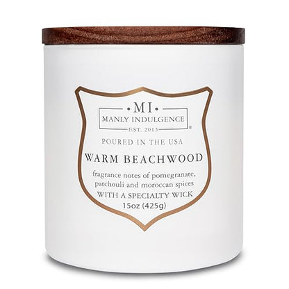 Manly Indulgence Warm Beachwood Scented Candles for Men, 15 oz Wooden Wick, Premium Soy Blend Wax, 60H Burn, Candles for Home Scented - Made in The USA - color: Warm Beachwood