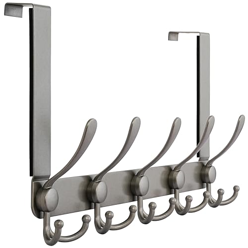 Over The Door Hook Hanger - Fits 1 3/8" to 1 3/4" Standard Doors | 5 Tri Hooks Heavy Duty Towel/Coat Rack | Door Organizer for Clothes, Jackets, Hats, Towels, Grey - color: Gray