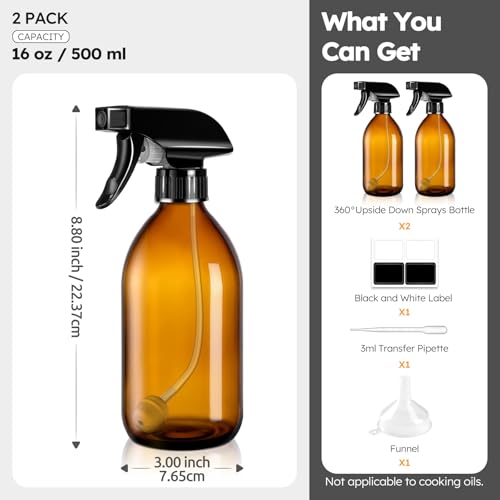 Tecohouse 360° 16 OZ Amber Glass Spray Bottles 2 Pack | 360° All-Angle Spray, Leakproof, Empty Refillable Containers for Cleaning Solutions, Plants, Facial Hydration, Hairs Care, - color: Amber