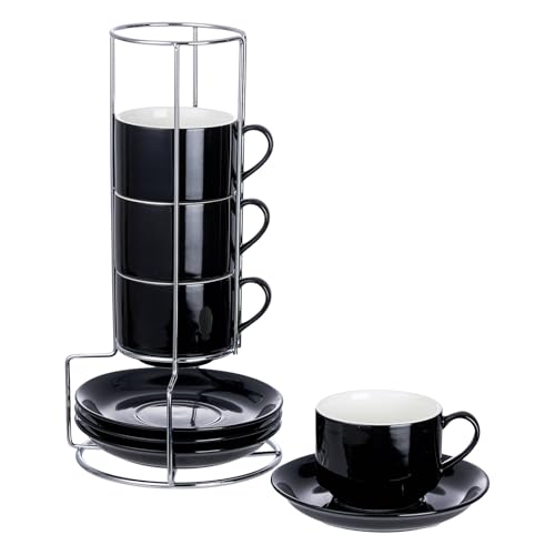 8oz Porcelain Cappuccino Cups with Saucers and Metal Stand, Stackable Coffee Cups for Specialty Coffee Drinks, Cappuccino, Latte, Espresso, Americano and Tea - Cups Set of 4, Black - color: Black, size: 8oz