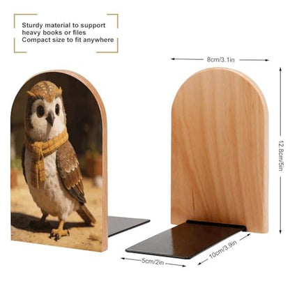 Checked Little Warm Owl Book Ends for Shelves Decorative Wooden Bookends Heavy Duty Non-Skid Book Stopper Modern Book Holder Cute Book Organizer for Home Office Library Desk Decor