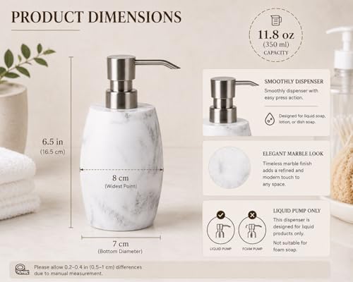 Clasin Home Resin Soap Dispenser Set 2, Refillable Hand Soap Dispenser with White Marble Look and Metallic Pump, Kitchen, Bathroom, Waterproof Labels (12 Oz) - color: White_2 Pcs