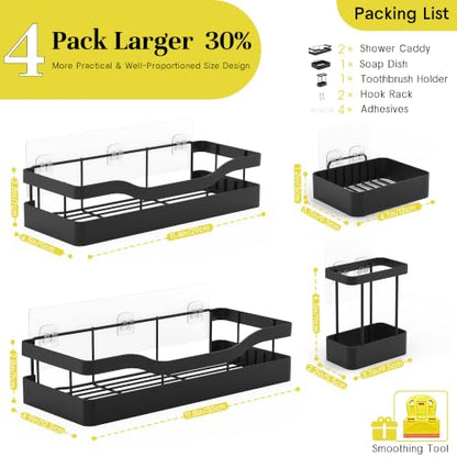 Heavy-Duty Adhesive Shower Caddy, Black Organizer | No Drill Wall Mounted Stainless Steel Bathroom Shelves with 44lbs Max Load, 0.43" Wire Spacing, Toothbrush & Soap Holder - color: Black